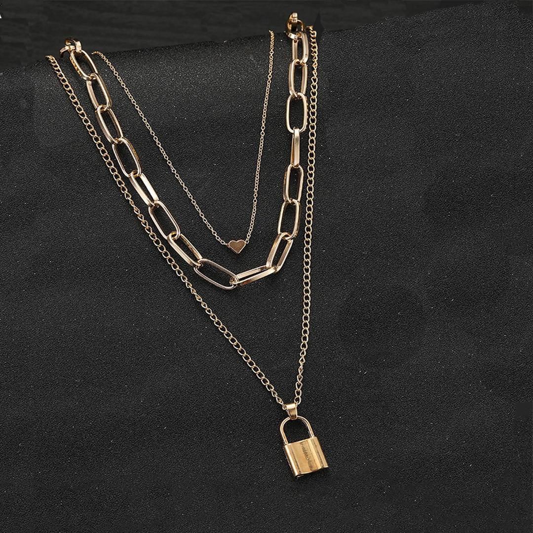 Gold Plated Triple Layered Heart And Lock Pendant Necklace