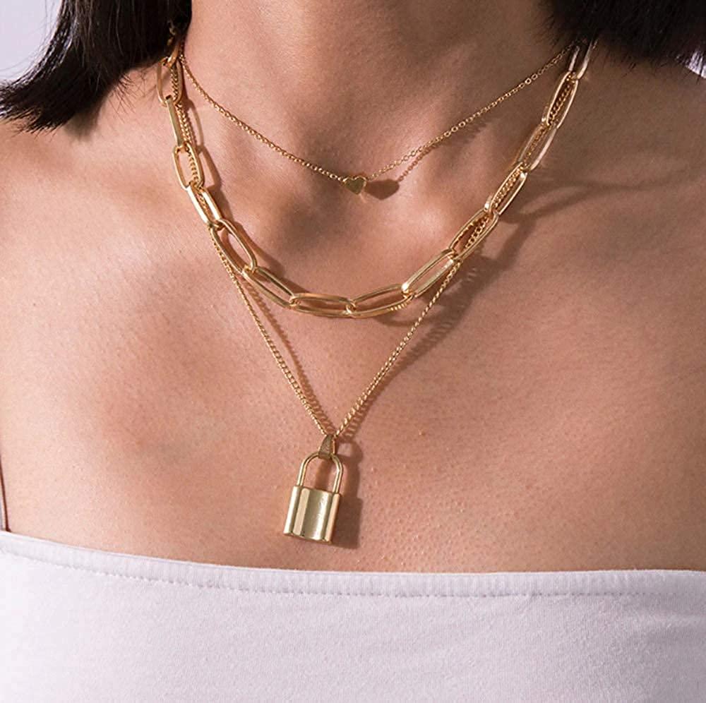 Gold Plated Triple Layered Heart And Lock Pendant Necklace