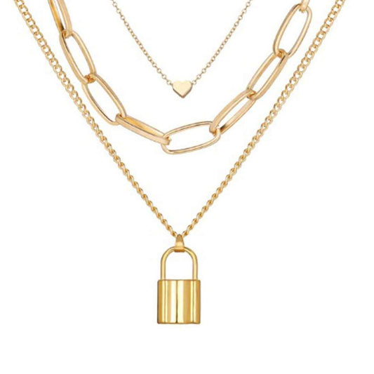 Gold Plated Triple Layered Heart And Lock Pendant Necklace